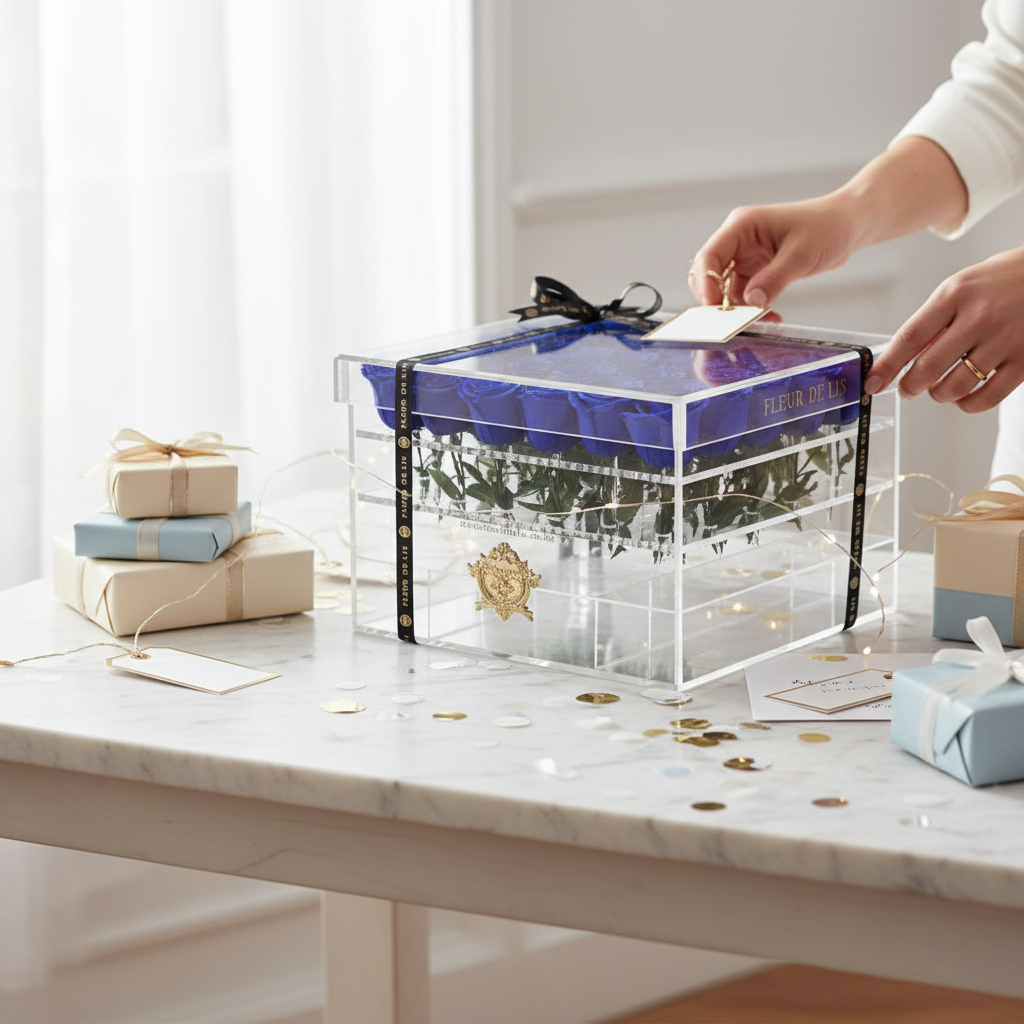 Acrylic Box of Midnight Blue Roses Fleur de Lis