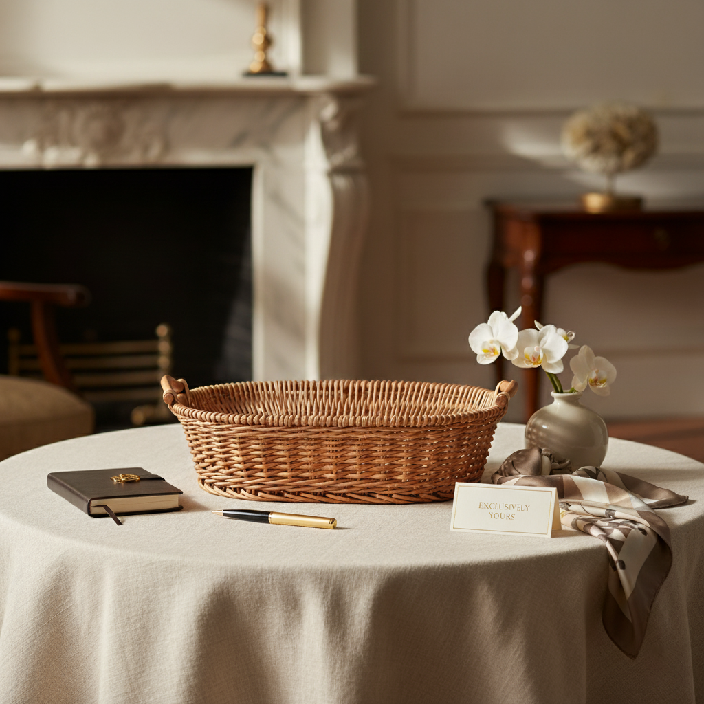 Oval Wicker Basket with Handles Fleur de Lis