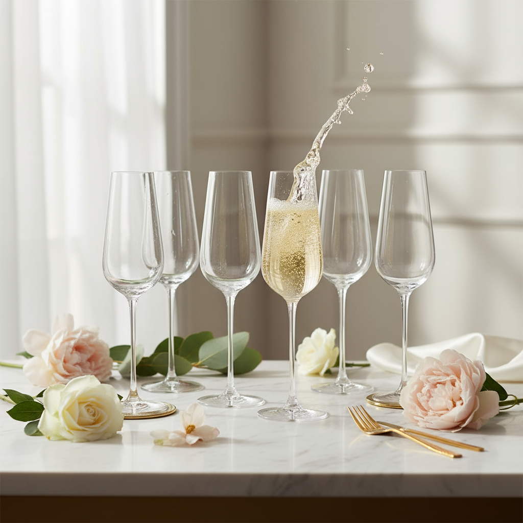 Set of 6 Elegant Flute Glasses Fleur de Lis