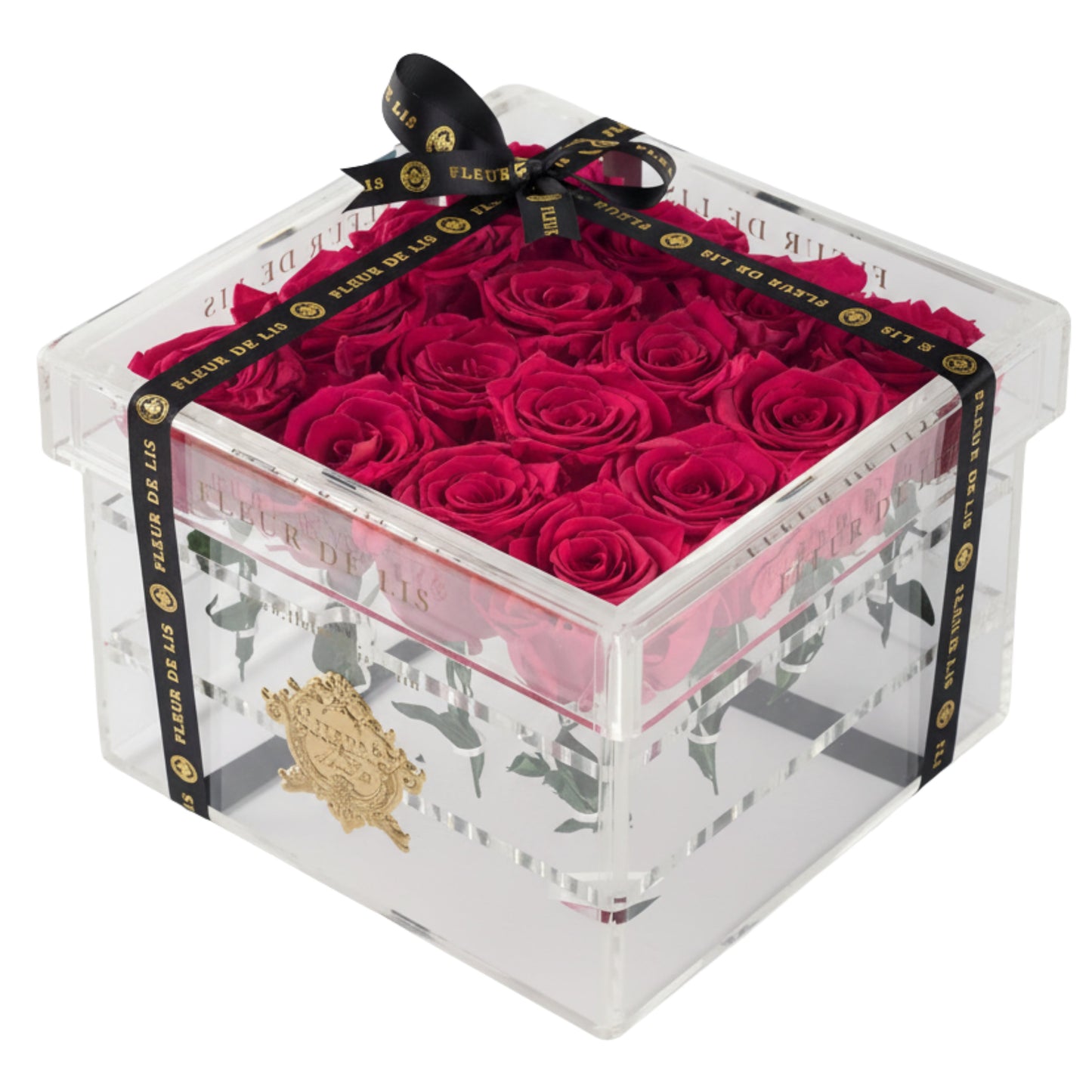 Acrylic Box of Red Roses Fleur de Lis