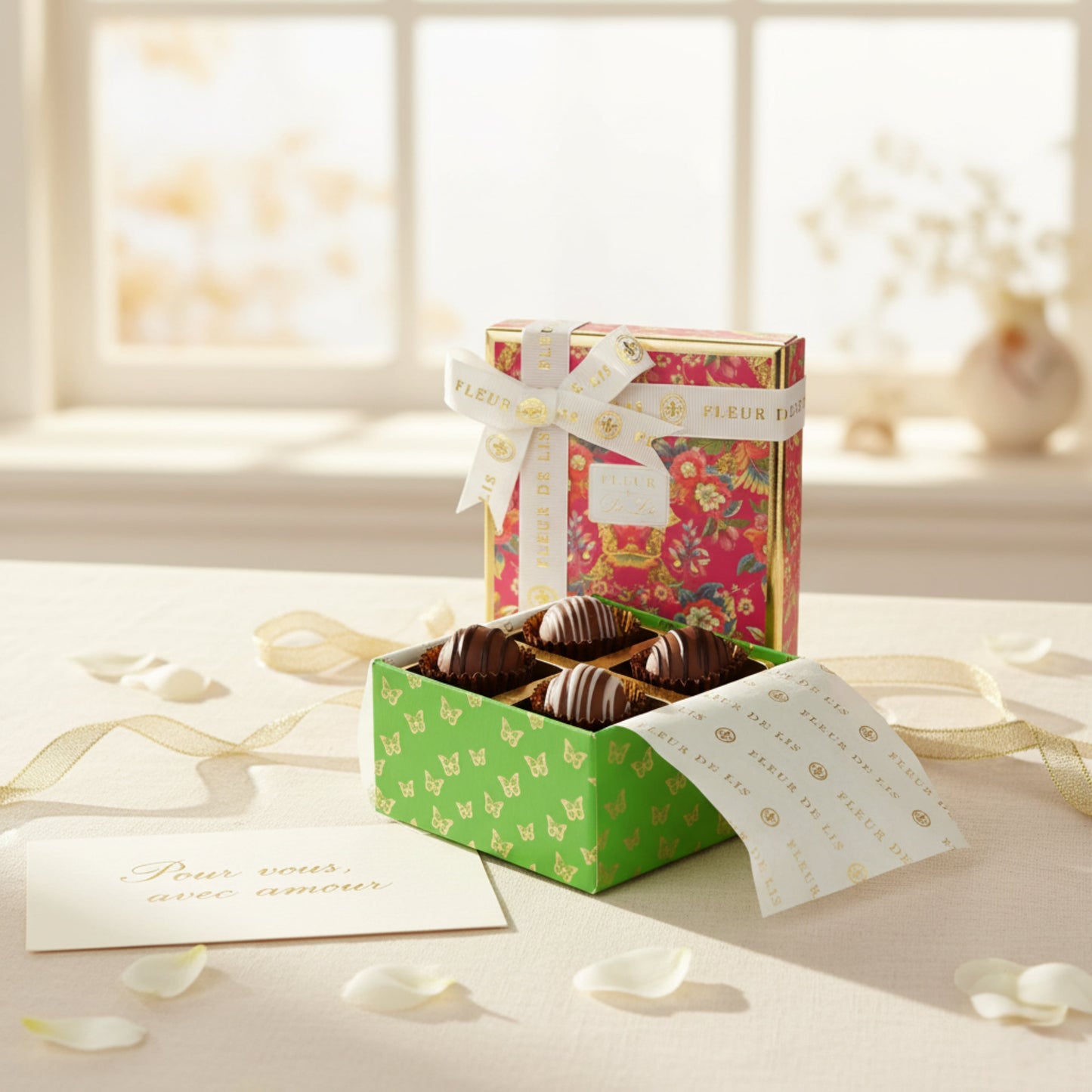 Surprise Box – 4 Assorted Praline Burst Chocolates Fleur de Lis