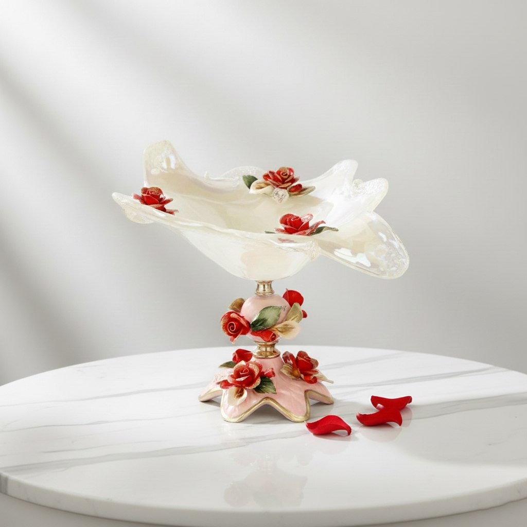 Handcrafted Italian Murano-style floral glass bowl with pink tones, red roses and gold accents styled in a creative home décor mood shoot by Fleur De Lis