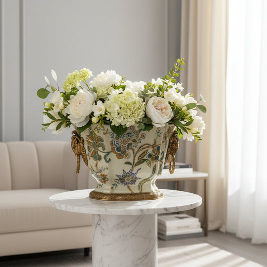 Decorative porcelain plant pots with indoor plants