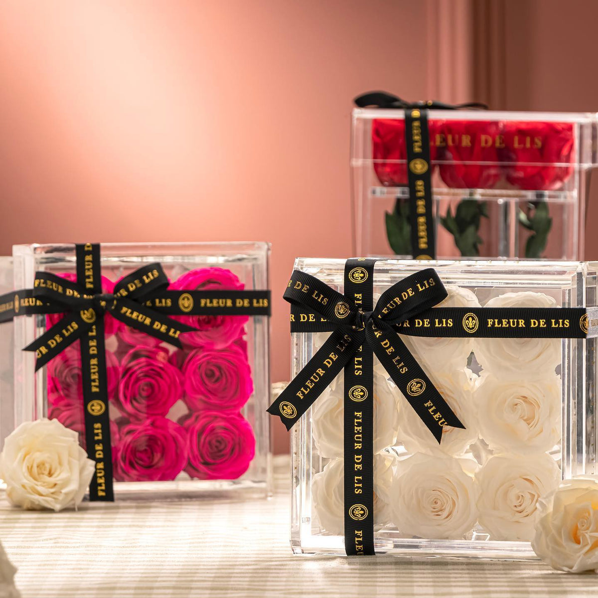 Clear containers with roses wrapped in black ribbons labeled 'Fleur de Lis' on a pink background.