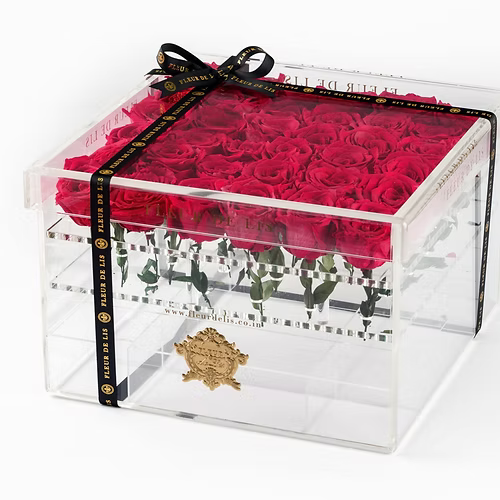 Acrylic Box of Red Roses Fleur de Lis