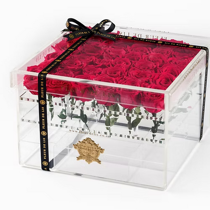 Acrylic Box of Red Roses Fleur de Lis