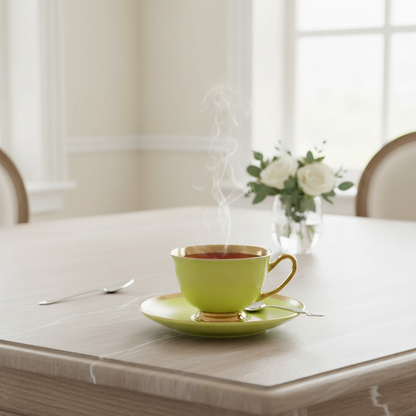 Green teacup with steam on a table with a vase of flowers in the background