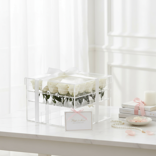 Acrylic Box of Majestic White Roses Fleur de Lis