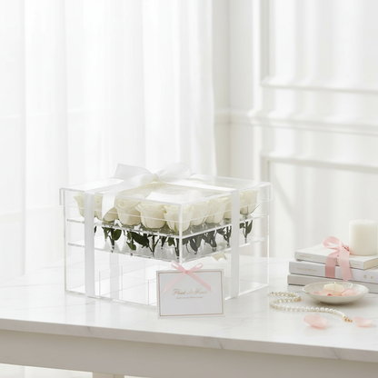 Acrylic Box of Majestic White Roses Fleur de Lis