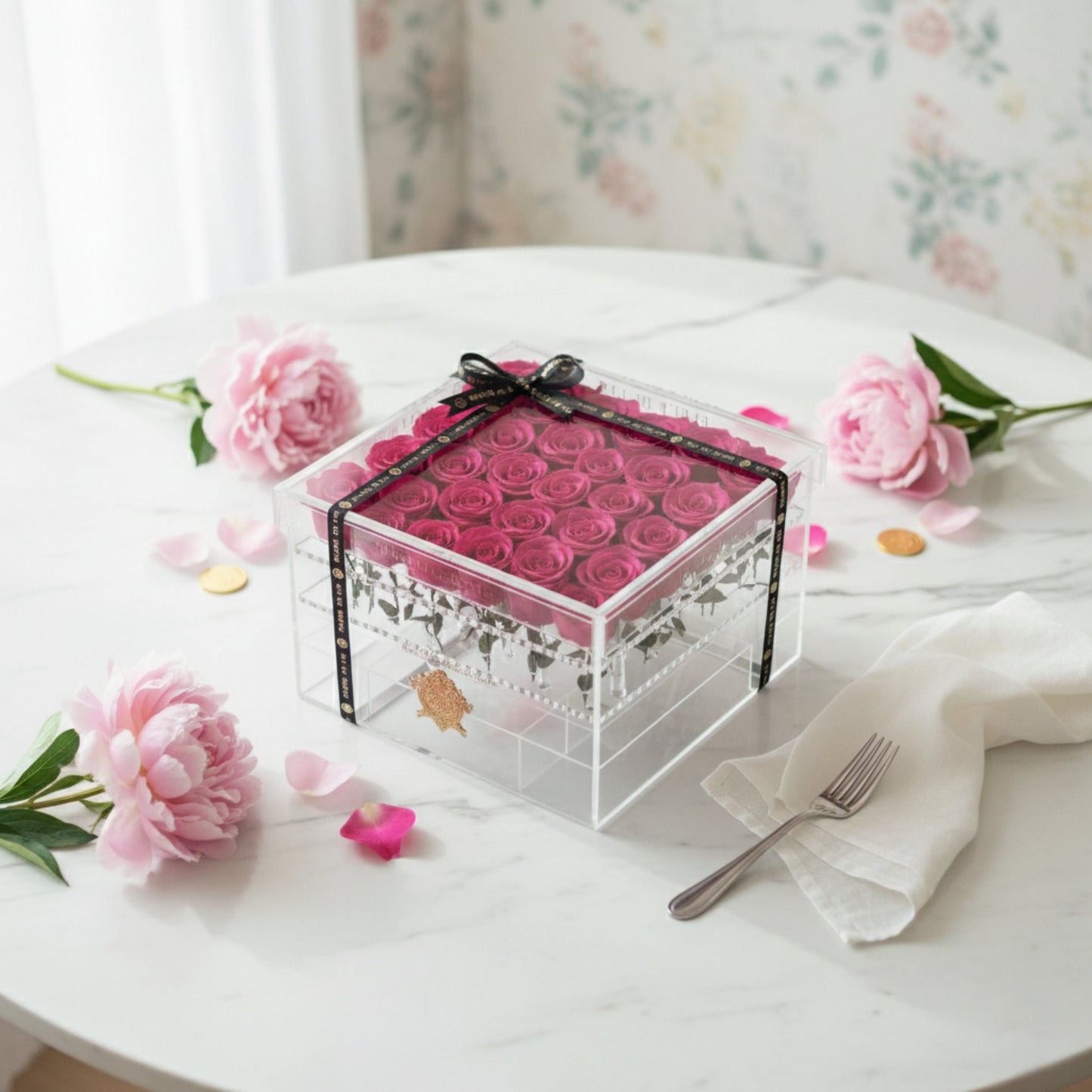 Acrylic Box of Pink Roses Fleur de Lis