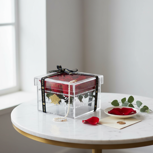 Acrylic Box of Red Roses Fleur de Lis
