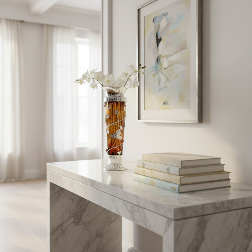 Amber Silver Decorative Vase Fleur de Lis