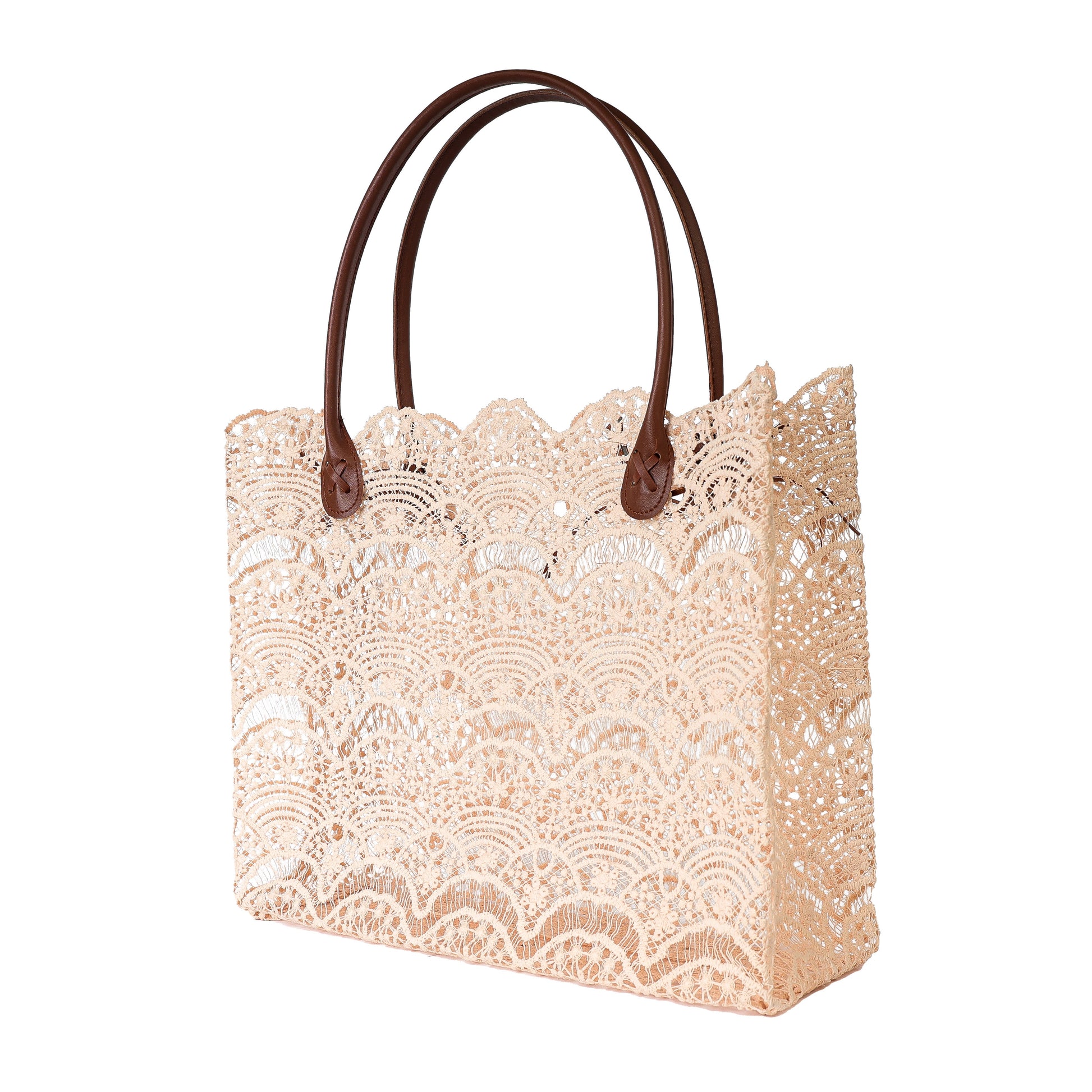 Lace Tote Bag with Brown Leather Handles Fleur de Lis