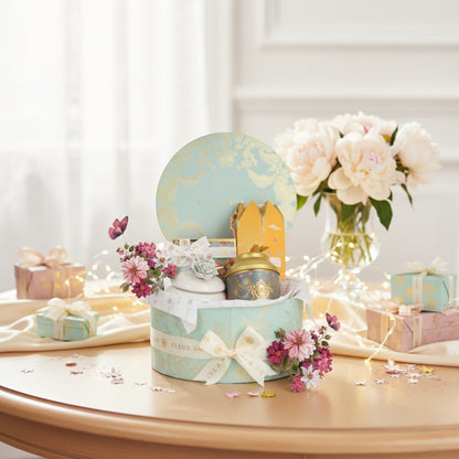 Decorative gift set with flowers and a vase on a table.