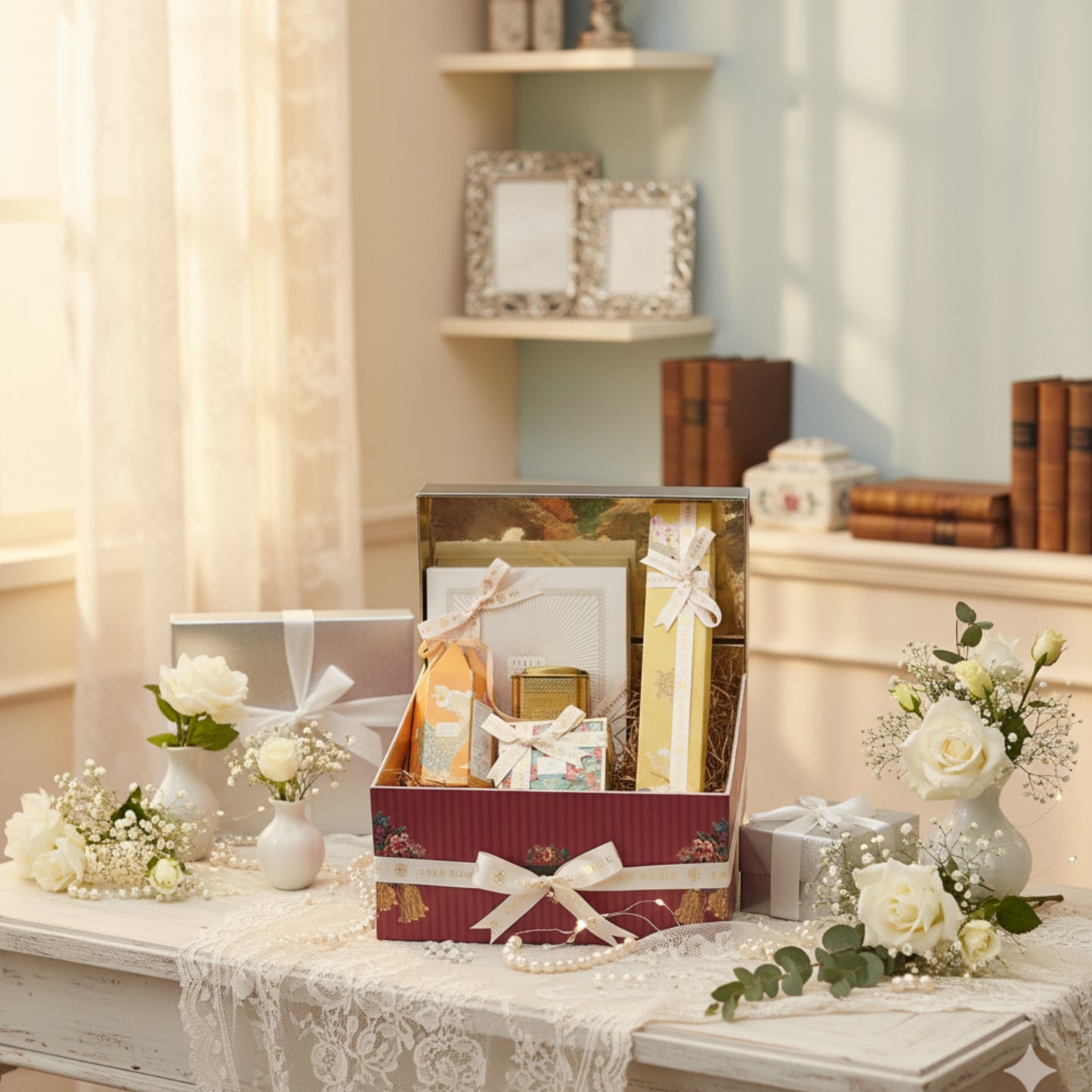 Decorative gift box with ribbons on a table with flowers and books in the background