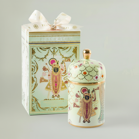 Divine Ceramic Candle – Shreenathji Green Fleur de Lis