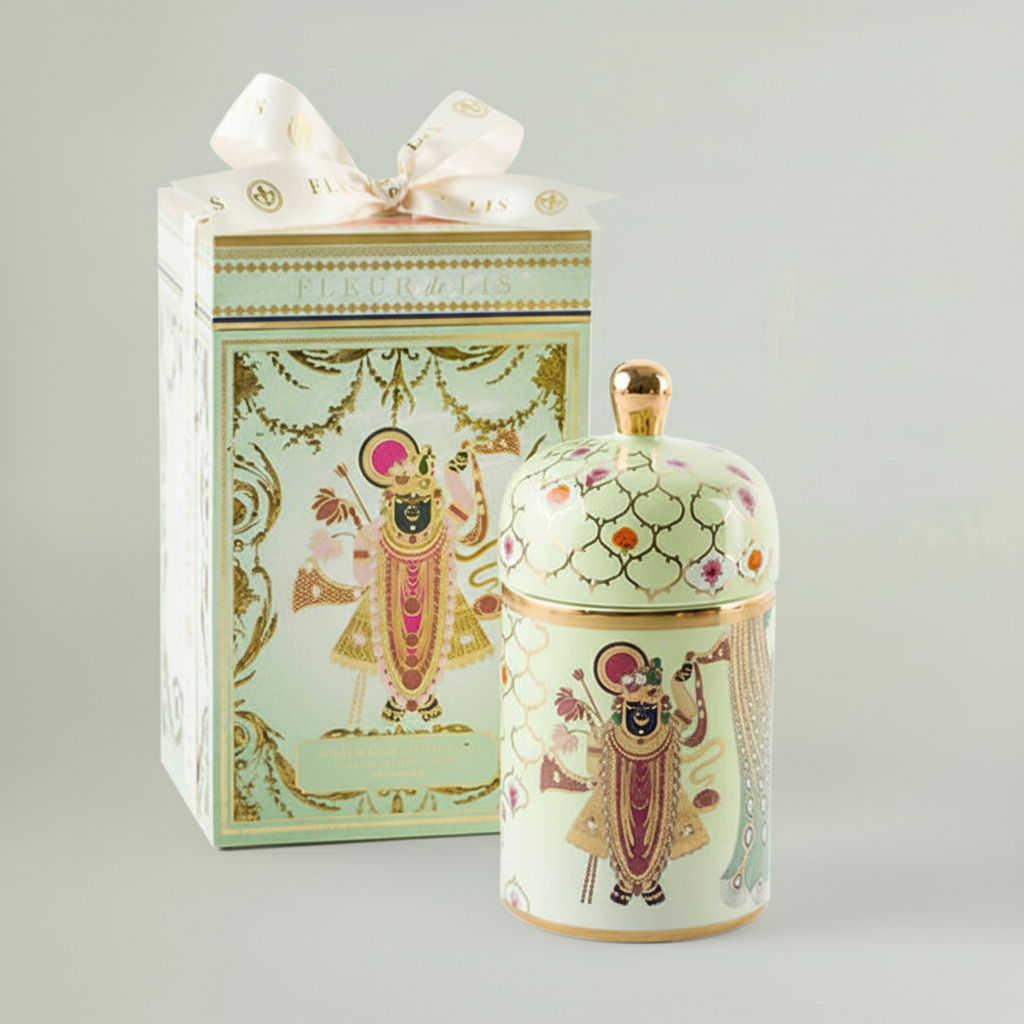 Divine Ceramic Candle – Shreenathji Green Fleur de Lis