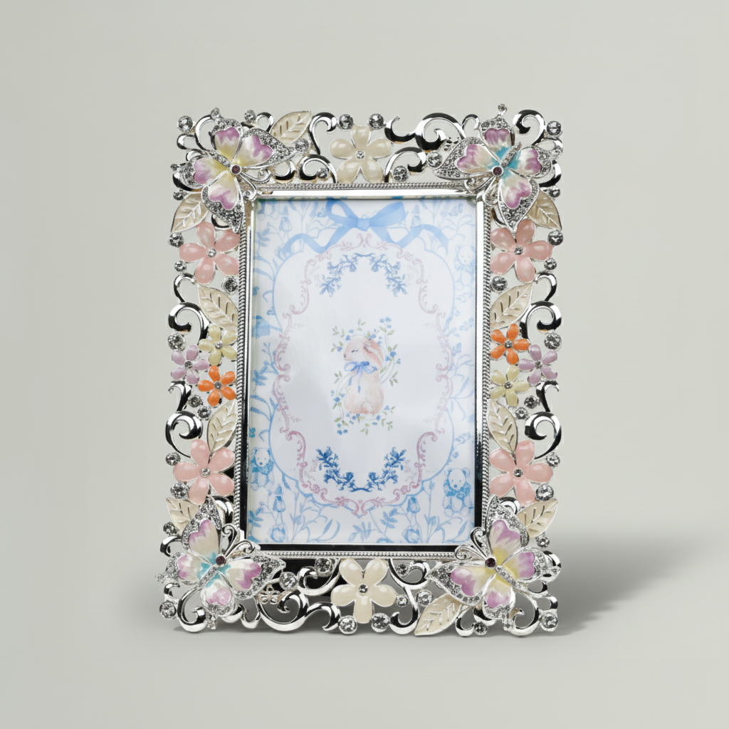 Decorative photo frame with floral design on a light gray background
