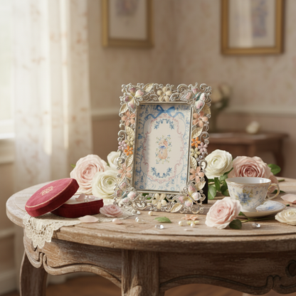 Decorative photo frame with flowers and a teacup on a wooden table