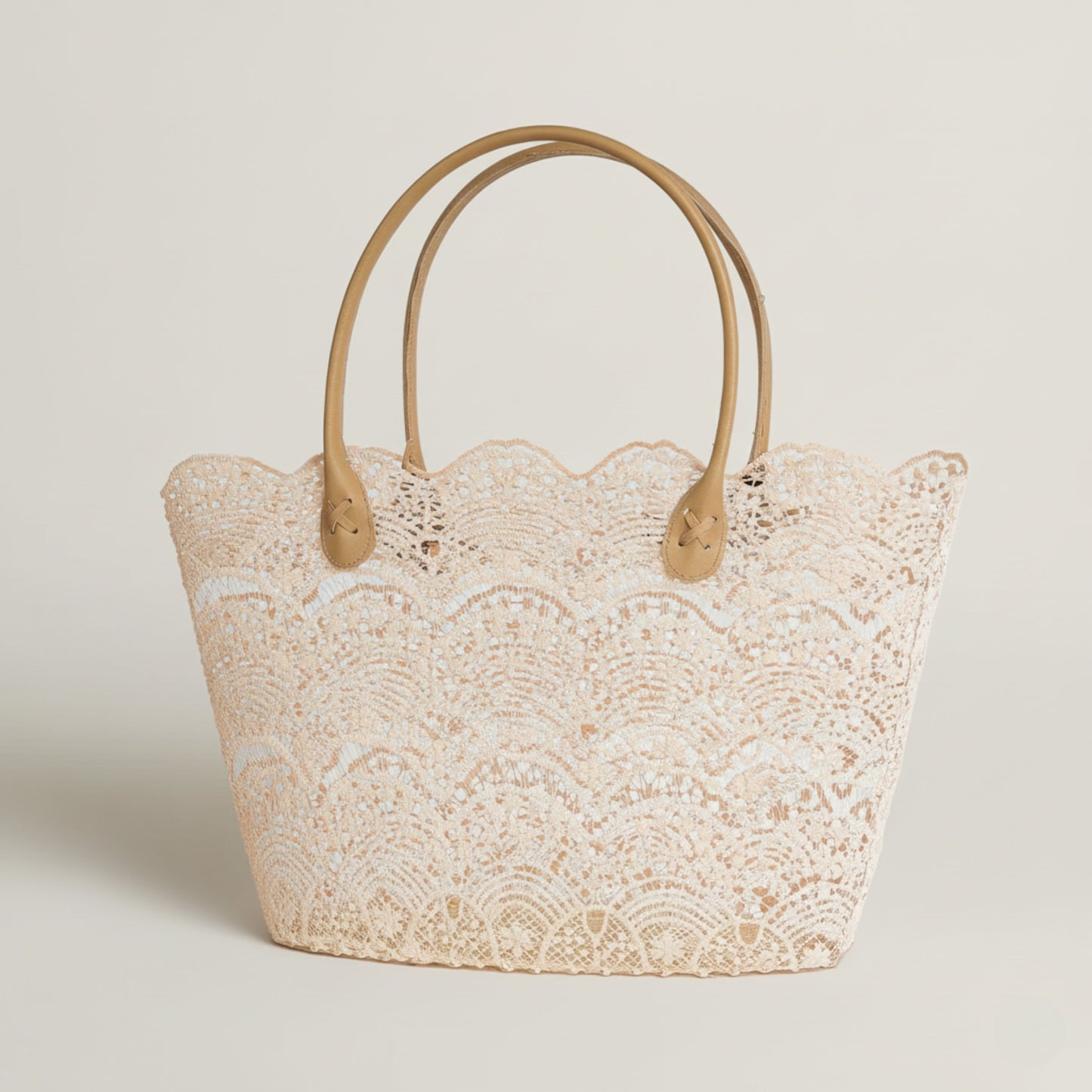 Lace Tote Bag with Leather Handles Fleur de Lis