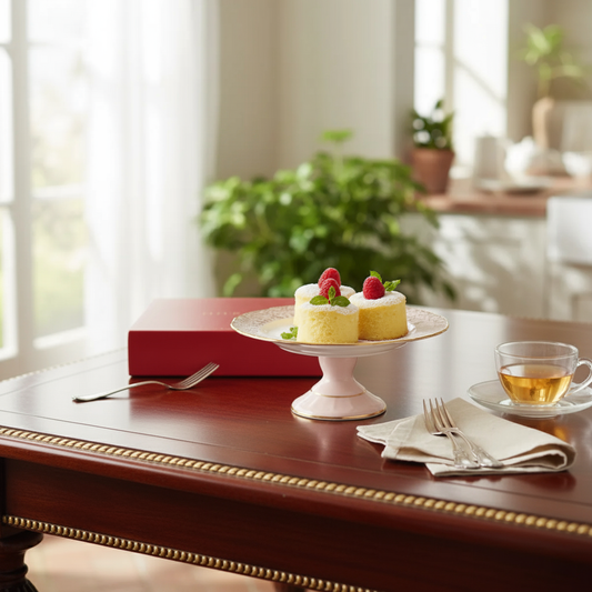 Small cake with berries on a white stand on a wooden table with tea and a book.