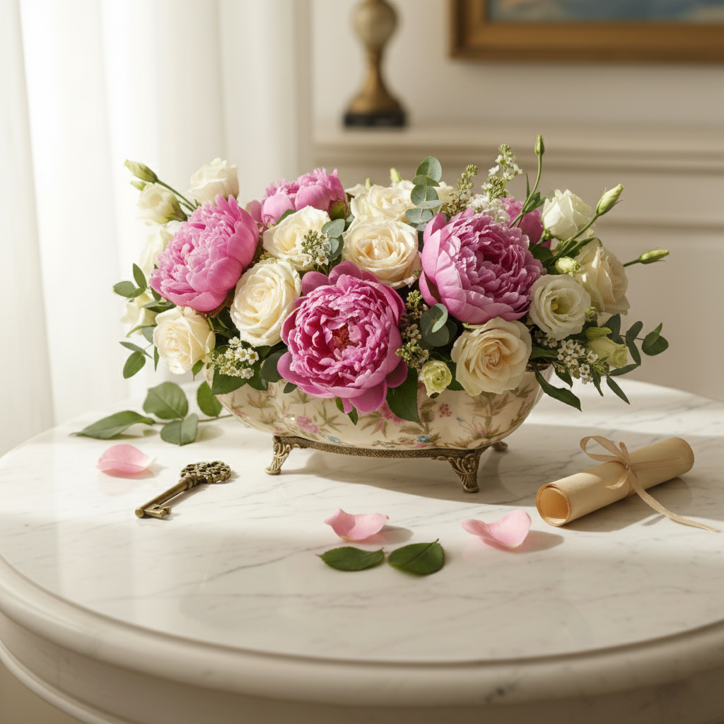 Decorative floral arrangement with pink and white flowers on a marble surface.