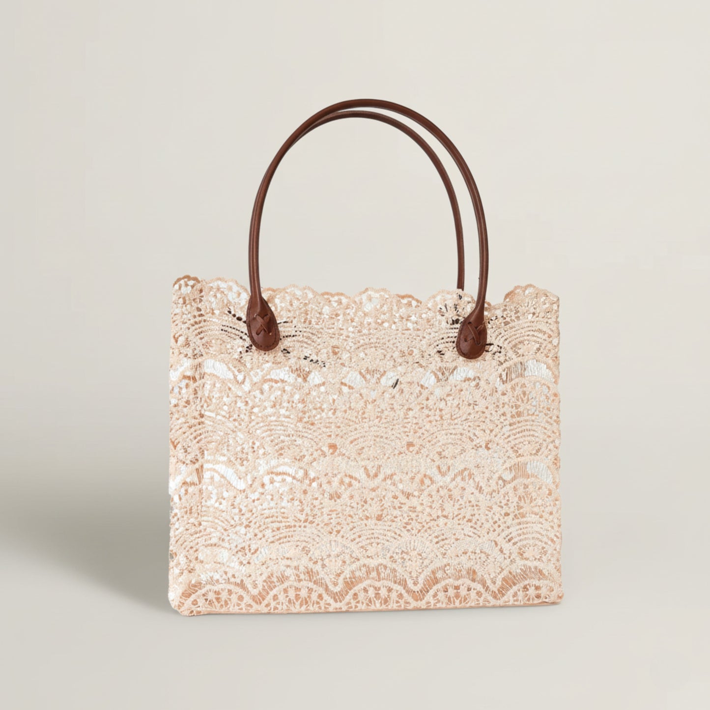 Lace Tote Bag with Brown Leather Handles Fleur de Lis