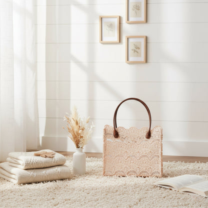 Lace Tote Bag with Brown Leather Handles Fleur de Lis