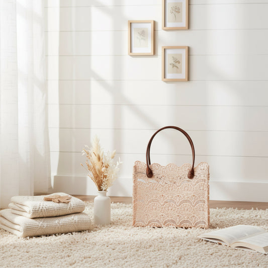 Lace Tote Bag with Brown Leather Handles Fleur de Lis