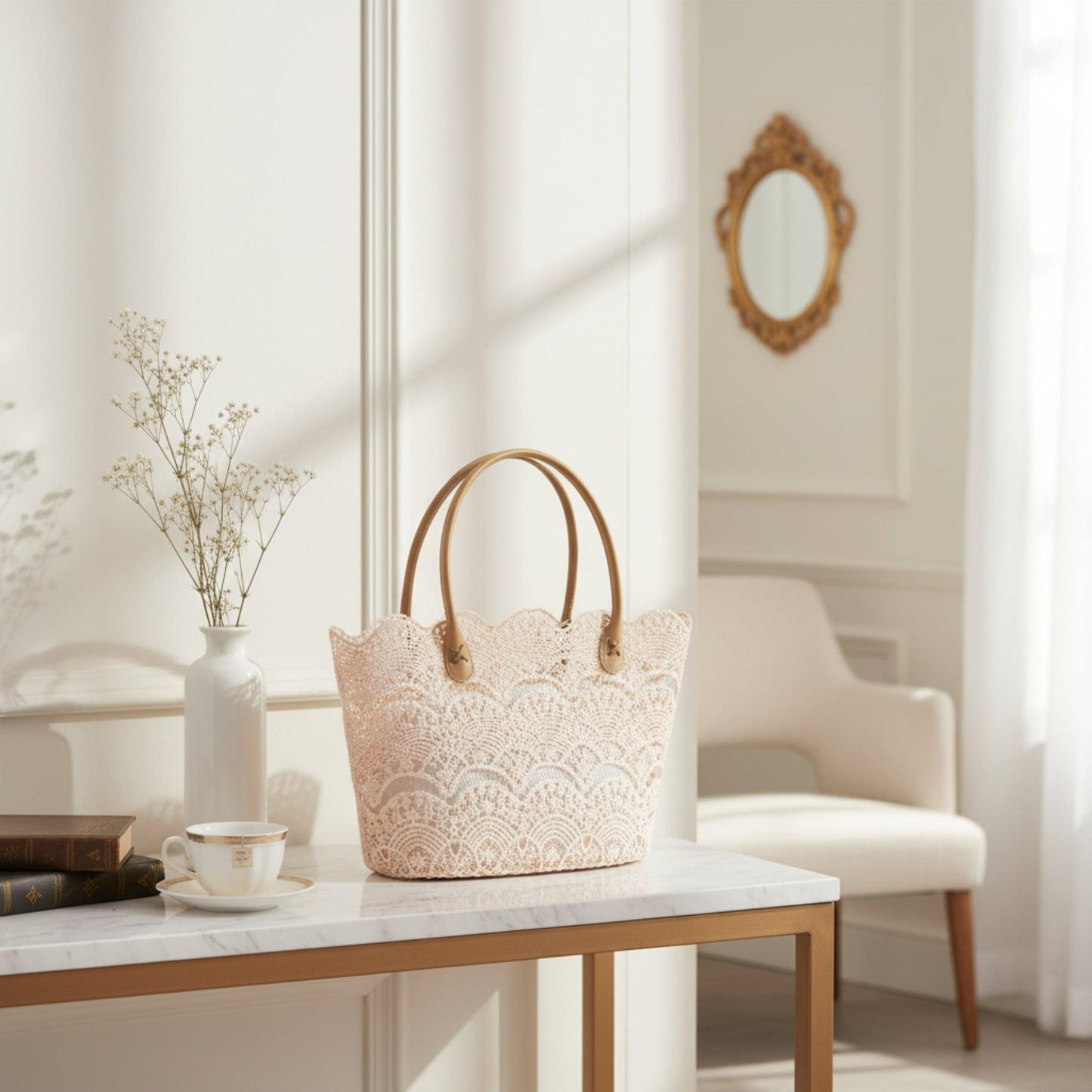 Lace Tote Bag with Leather Handles Fleur de Lis