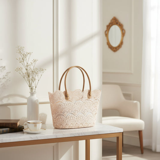 Lace Tote Bag with Leather Handles Fleur de Lis