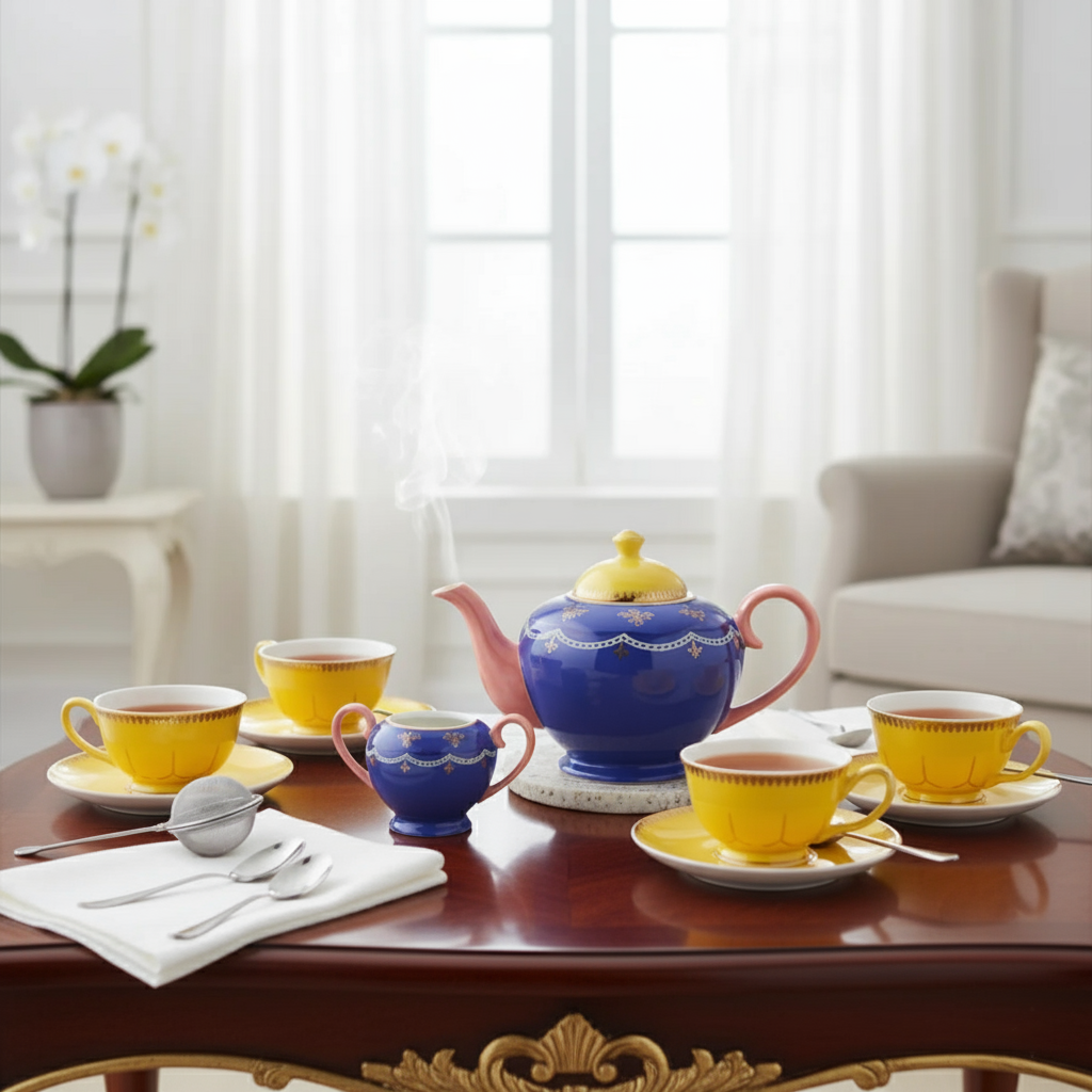 Tea set with blue teapot and yellow cups on a wooden table in a bright room.