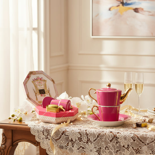 Pink teapot and cups on a lace tablecloth with a decorative box and glasses in the background.