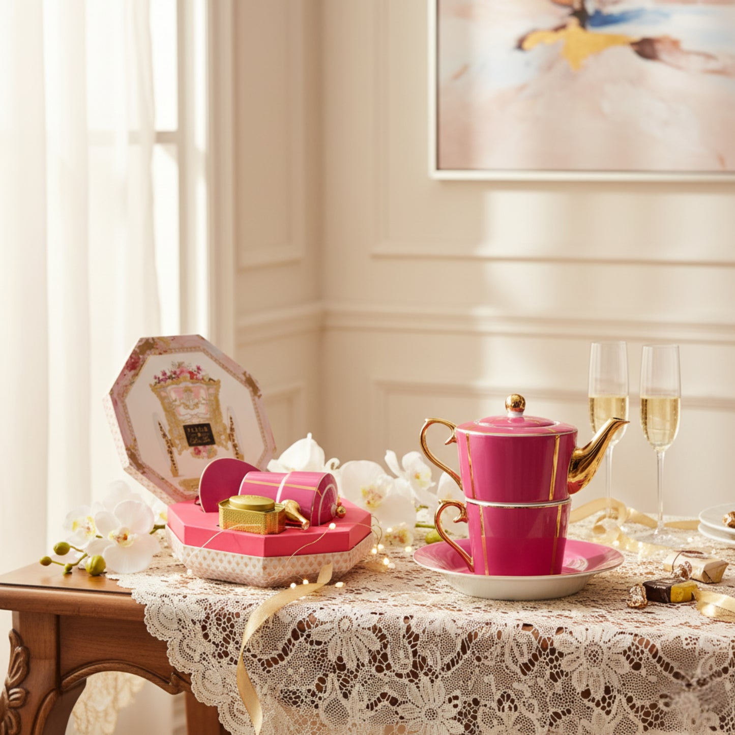 Pink teapot and cups on a lace tablecloth with a decorative box and glasses in the background.