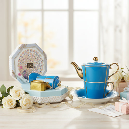 Blue teapot and cup set on a table with decorative items and flowers.