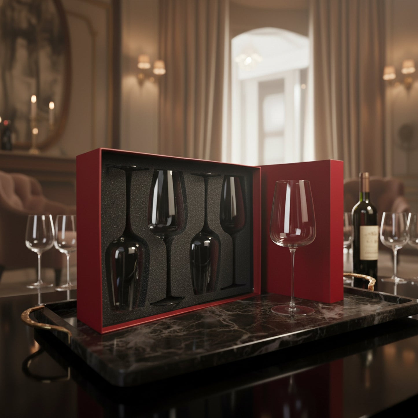 Set of 4 Elegant Wine Glasses in Gift Box Fleur de Lis