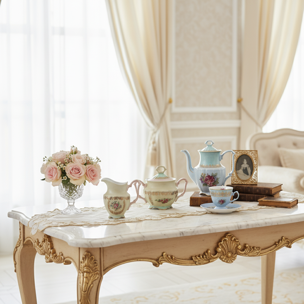 Decorative table setting with teapots, cups, and a vase on a marble table.