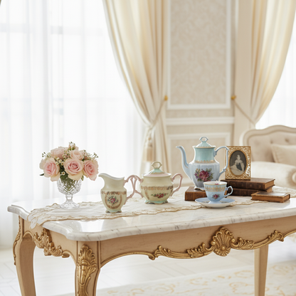 Decorative table setting with teapots, cups, and a vase on a marble table.