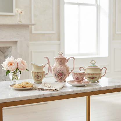 Tea set with floral patterns on a marble table in a bright room.