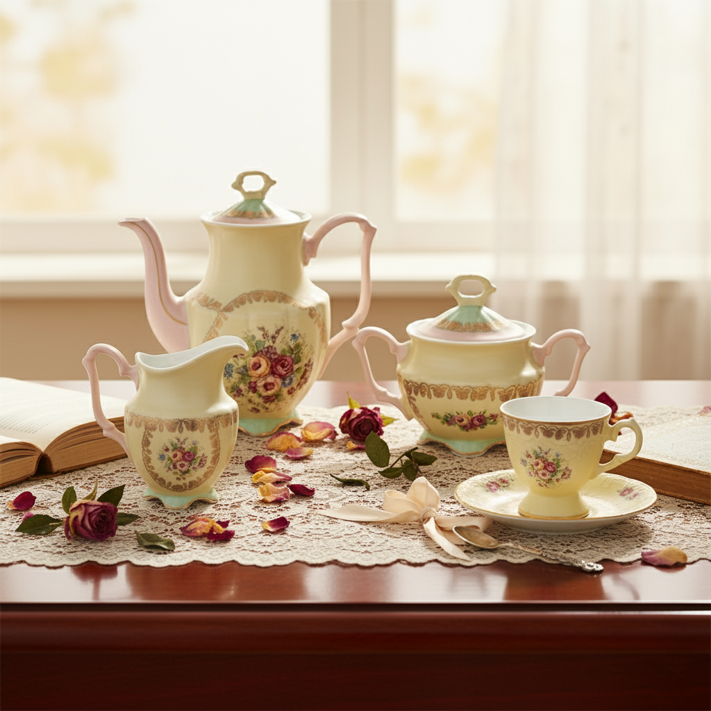 Vintage-style ceramic tea set with floral patterns on a lace tablecloth.