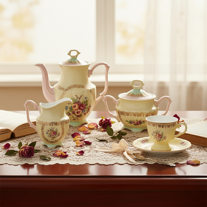 Vintage-style ceramic tea set with floral patterns on a lace tablecloth.
