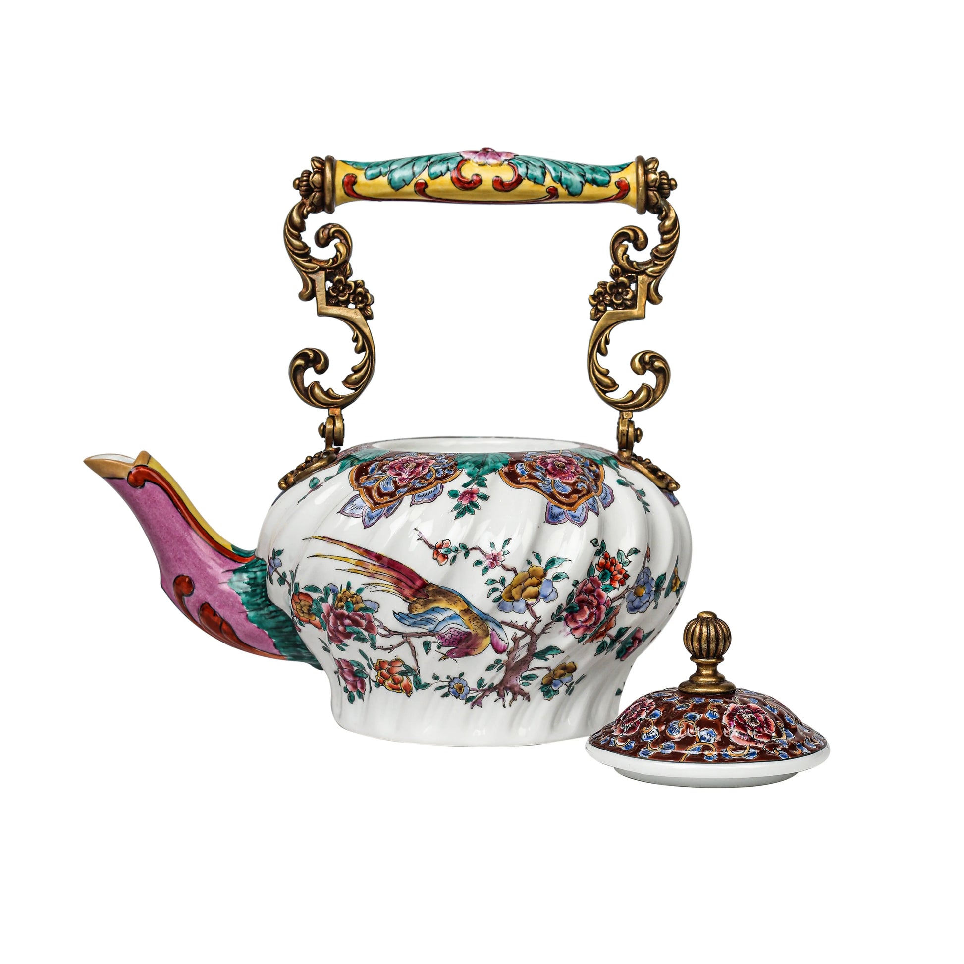 Handcrafted Ceramic Teapot with Brass Stand Fleur de Lis