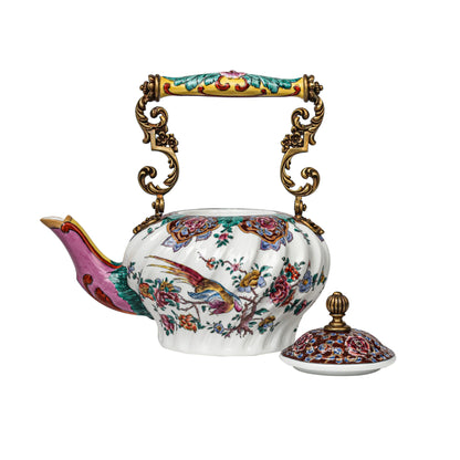 Handcrafted Ceramic Teapot with Brass Stand Fleur de Lis
