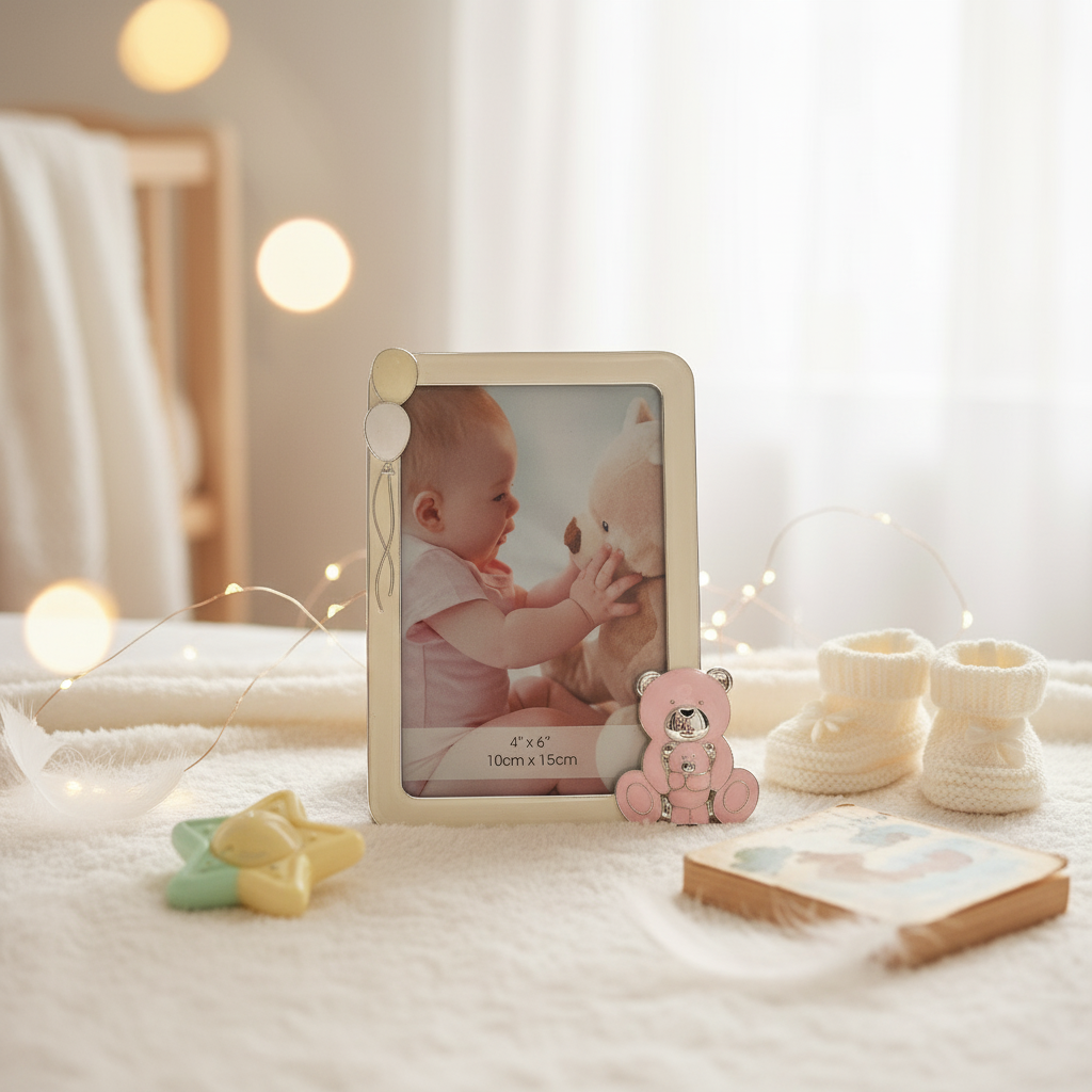 Baby photo frame with a baby holding a teddy bear, surrounded by toys and a blanket.