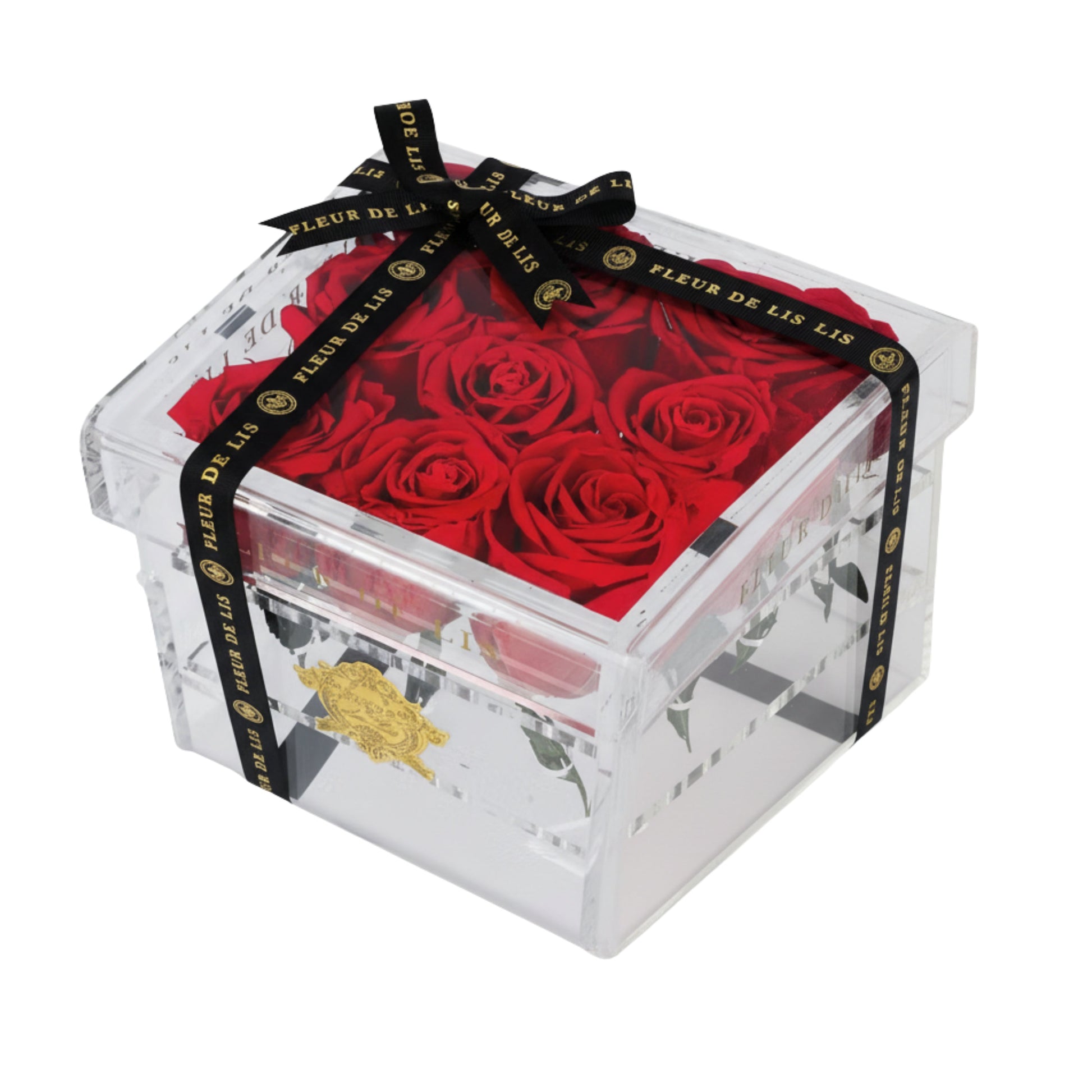 Acrylic Box of Red Roses Fleur de Lis
