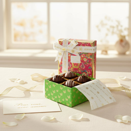 Surprise Box – 4 Assorted Praline Burst Chocolates Fleur de Lis