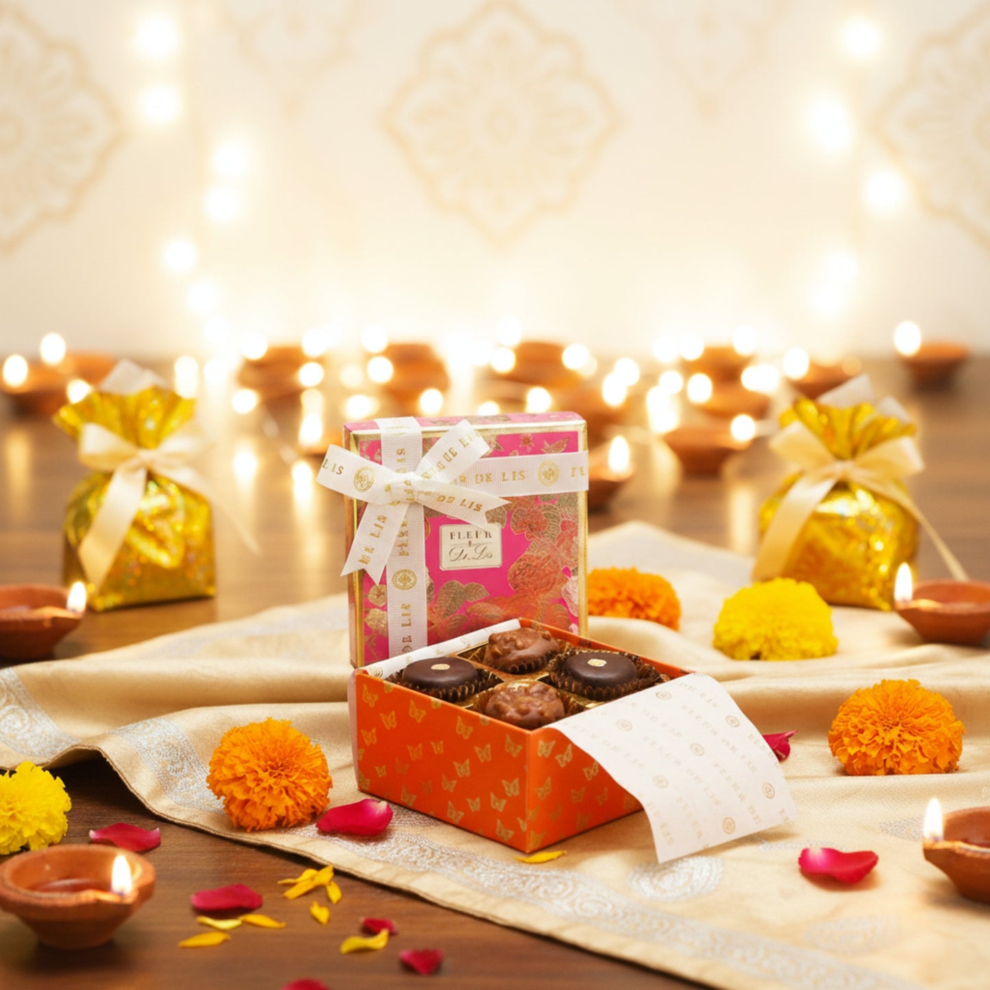 Surprise Box – 4 Assorted Ganache Chocolates (Almond & Dark) Fleur de Lis