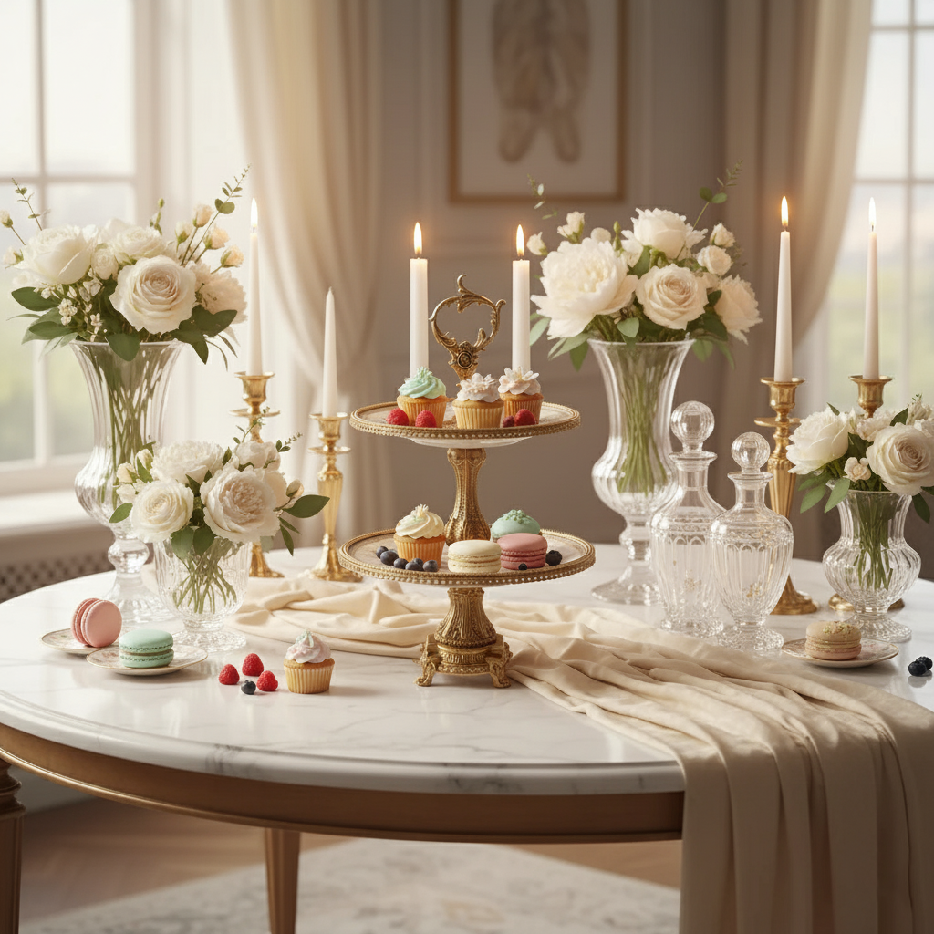 Decorative table setting with flowers, candles, and pastries in a elegant room.
