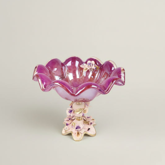 Hand-blown Bella Murano glass pedestal bowl in amethyst tones with floral detailing and gold accents by Fleur De Lis