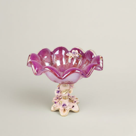Hand-blown Bella Murano glass pedestal bowl in amethyst tones with floral detailing and gold accents by Fleur De Lis